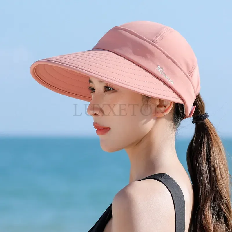 Summer Women Ponytail Empty Top Cap Wide Brim Anti-UV Bowknot Beach Hat Ladies Foldable Zipper Decoration Travel Sunscreen Caps