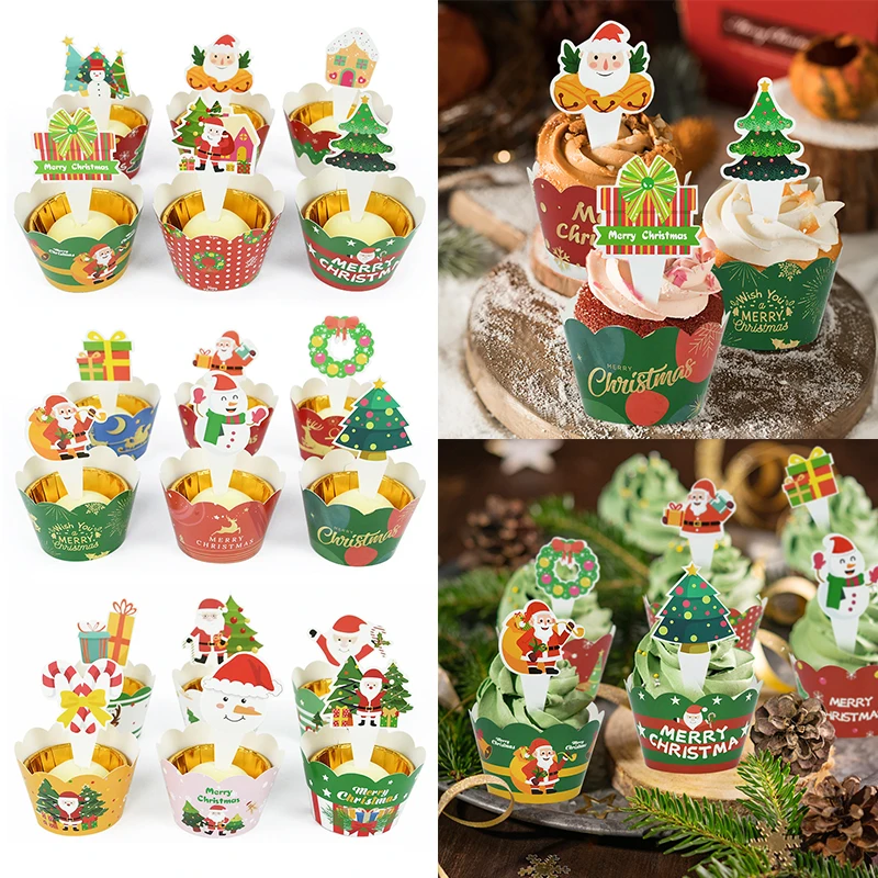 

12pcs Christmas Cupcake Toppers Wrappers Santa Claus Snowmen Cake Surround Decoration Xmas Party Decor DIY Baking Tools New Year