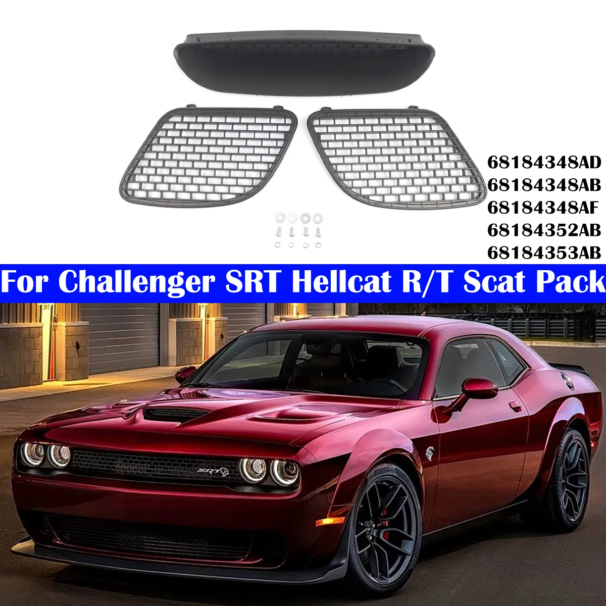 

3PCS Set Car Front Bumper Grille Grills Hood Bezel Vent For 15-18 Dodge Challenger SRT HELLCAT & 19-21 R/T SCAT PACK
