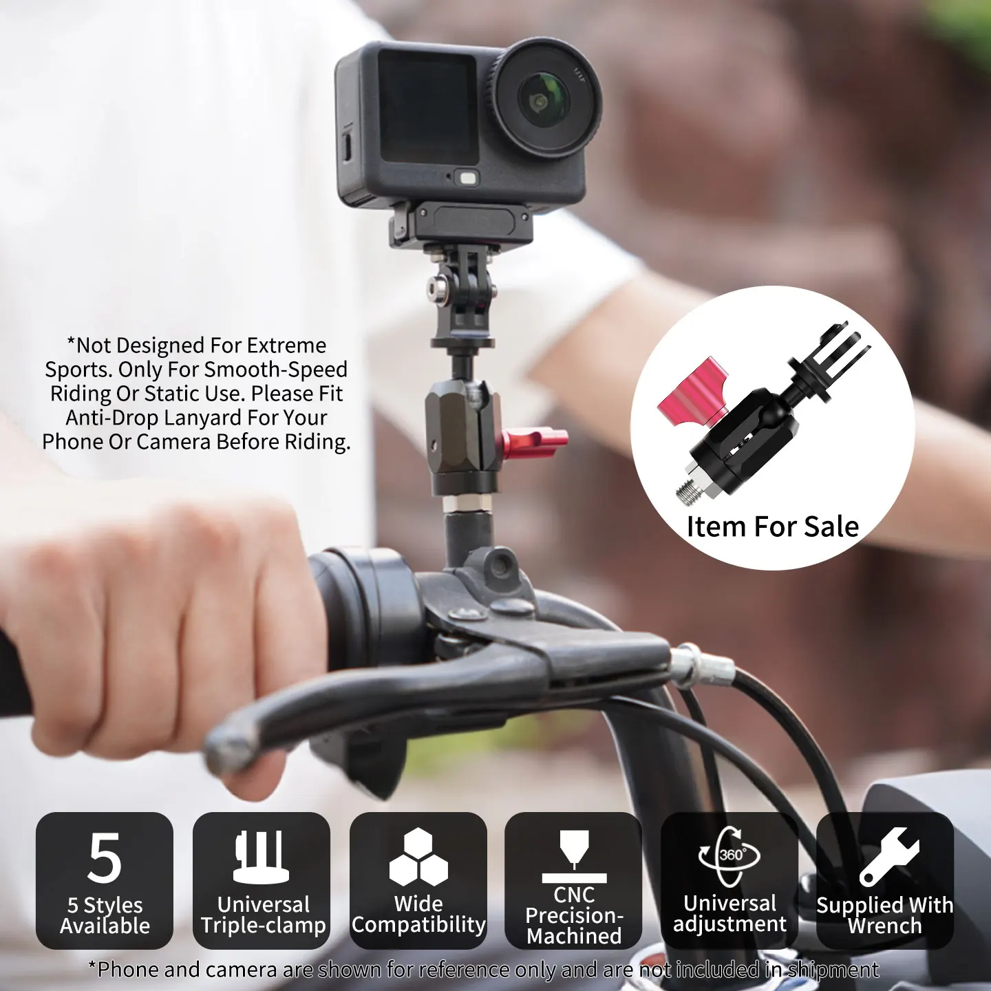 Aluminium-Action-Kamera-Halterung 2kg Traglast 3-Punkt-Adapter 17mm Kugelkopfklemme für GoPro Insta360 DJI OSMO Motorrad Fahrrad Stativ – Detail 2