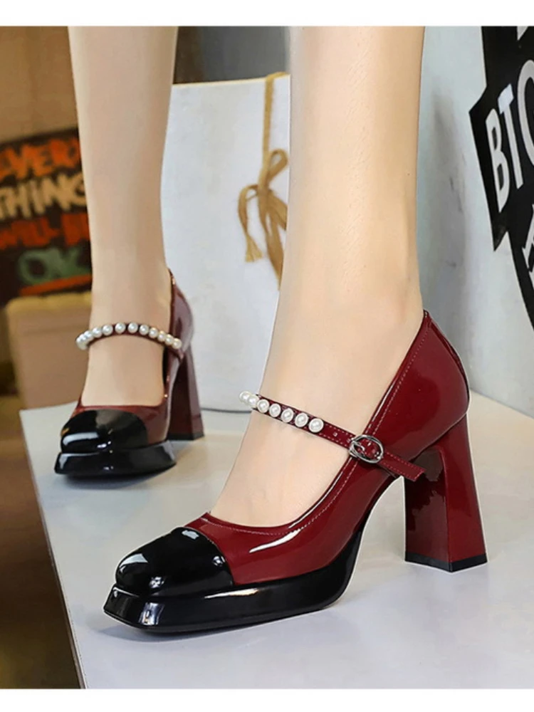 Банкетные туфли-лодочки Мэри Джейн с квадратным носком и цветными блоками на платформе, на высоком каблуке с жемчугом и одним ремешком на толстом каблуке, роскошный элегантный дизайн f