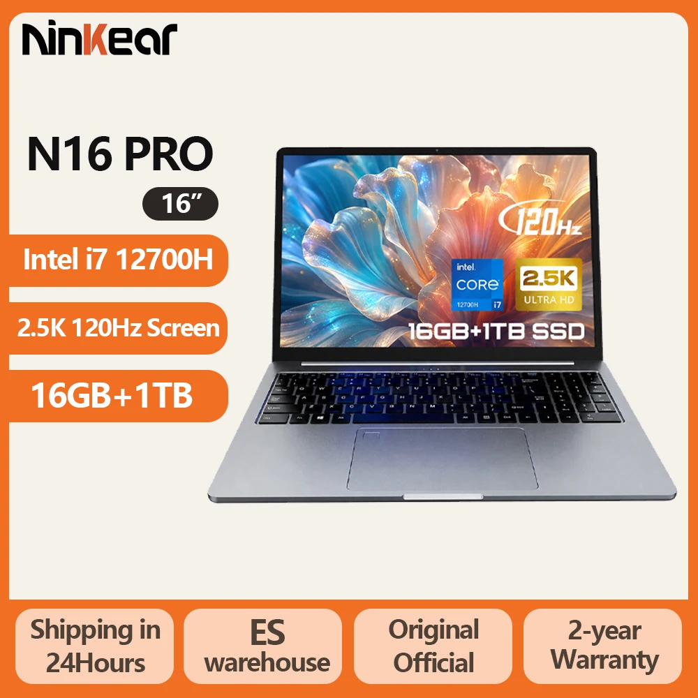 Portátil Ninkear de 16 pulgadas 2.5K 120Hz Intel i7-12700H/AMD Ryzen 5 WiFi 6 16GB RAM 1TB SSD Portátil Windows 11 Notebook Ordenador de Oficina