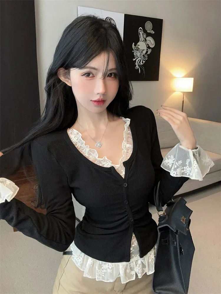 Sexy Lace Bell Sleeve Blouse Women Summer Thin Ruffles Slim Top Y2K Korean Fashion Streetwear See V Neck Pullover New