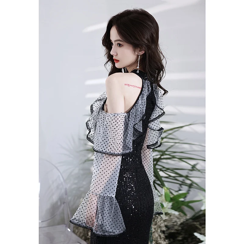 

Bla Long Sve Evening Gown High-Defn Adult Hanging Ne Sparkle Fi Tail High-End Luxury Small ence Banquet Host