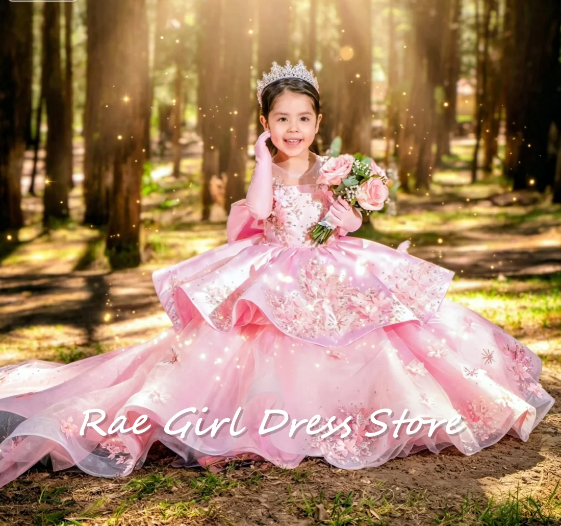 Pink Organza Flower Girl Dress Sleeveless Rhinestone 3D Daisy Floral Applique Oversized Side Bow A Line Ball Gown For Birthday