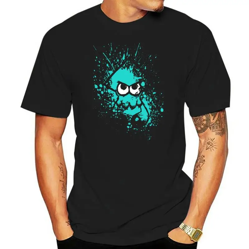 Men tshirt  Splatoon Black Squid with Blank Eyes on Cyan Splatter Mask Unisex T Shirt Printed T-Shirt tees top