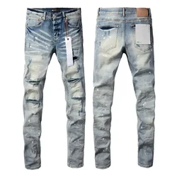 2024 Purples jeans uomo marca high street blu strappato distressed fashion repair pantaloni skinny in denim a vita bassa pantaloni di marca