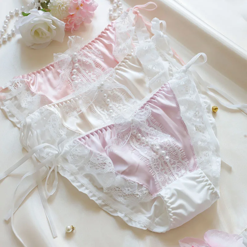 Women Straps Lace Up Sexy Low Waist Underwear Pearl Pendant Milk Silk Cute Sweety Panties Breathable Princess Style Breifs