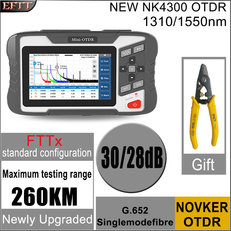 NOVKER NK4300 OTDR Optical Time Domain Reflectometer 1310/1550nm 260KM 30/28dB 26/24dB OPM OLS VFL Fiber Optic Tester
