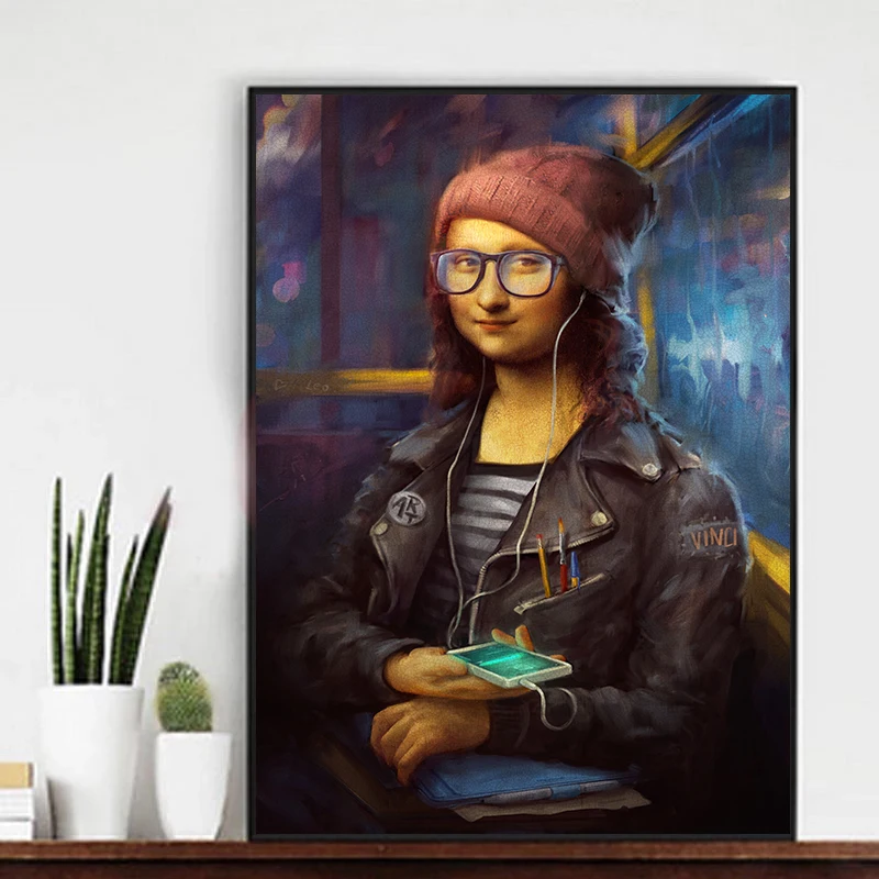 Kreative Poster, Mona Lisa umarmt Katze, lustige Poster und Drucke, Wandkunst, Bild, Leinwandgemälde für Wohnzimmer, Heimdekoration