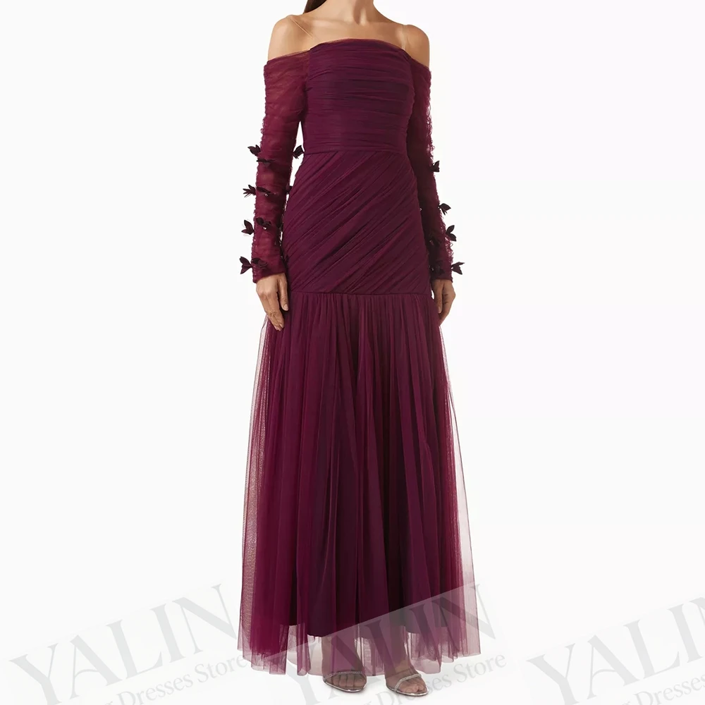 

Women's A-line Evening Dresses Ankle-length Off The Shoulder Full Sleeve Prom Gown Fashion Flowers Simple Draped Customized Gown