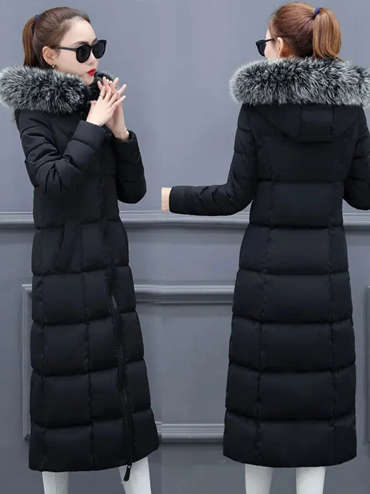 Imagem -02 - Parka de Pele Sintética com Capuz Feminino com Gola Branca Cabolsa Acolchoado Fino Extragrande Neve Jaquetas de Algodão Sobretudo Longo Frio Inverno