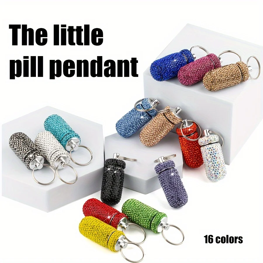 

XUQIAN Portable Bling Keychain Pill Box Small Travel Pill Case Organizer Outdoor Waterproof Crystal Pill Container