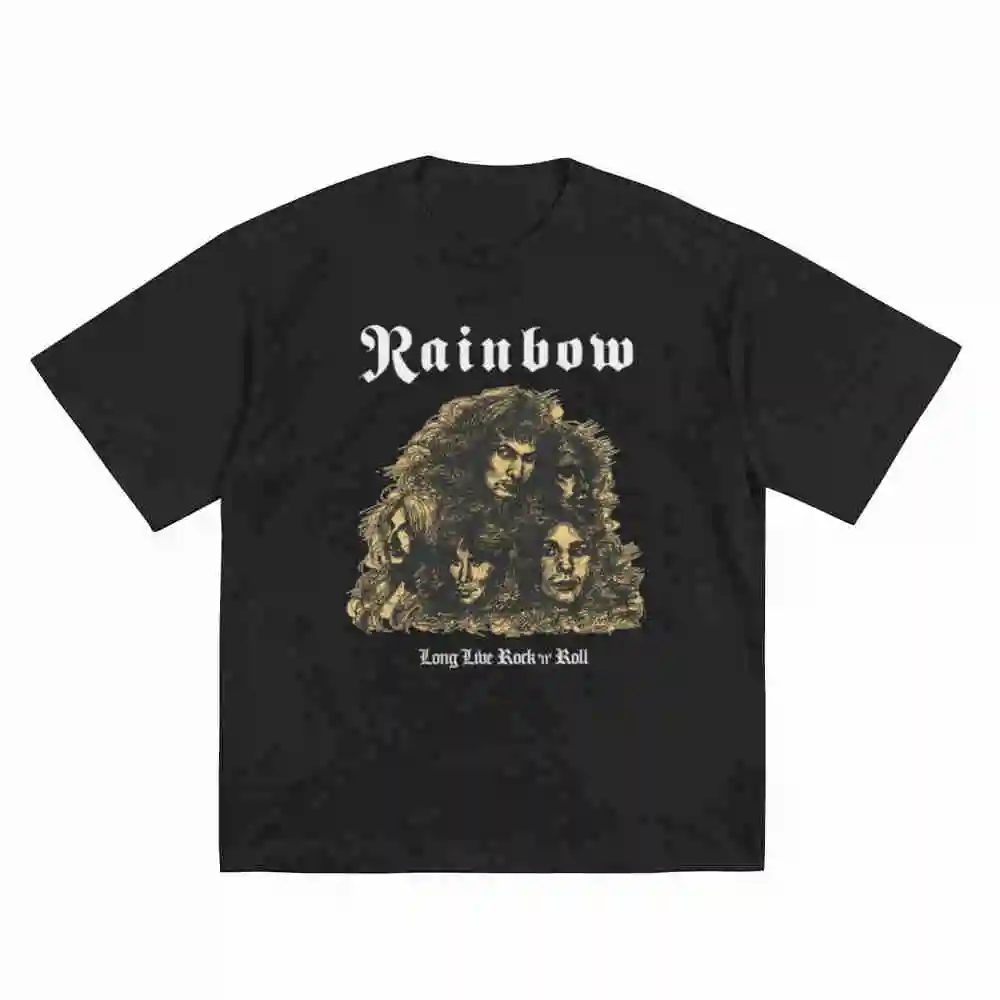 Rainbow Band Logo Dio Gillan Blackmore Long Live Rock N Roll Short Sleeve Tee 100% Cotton T-Shirt