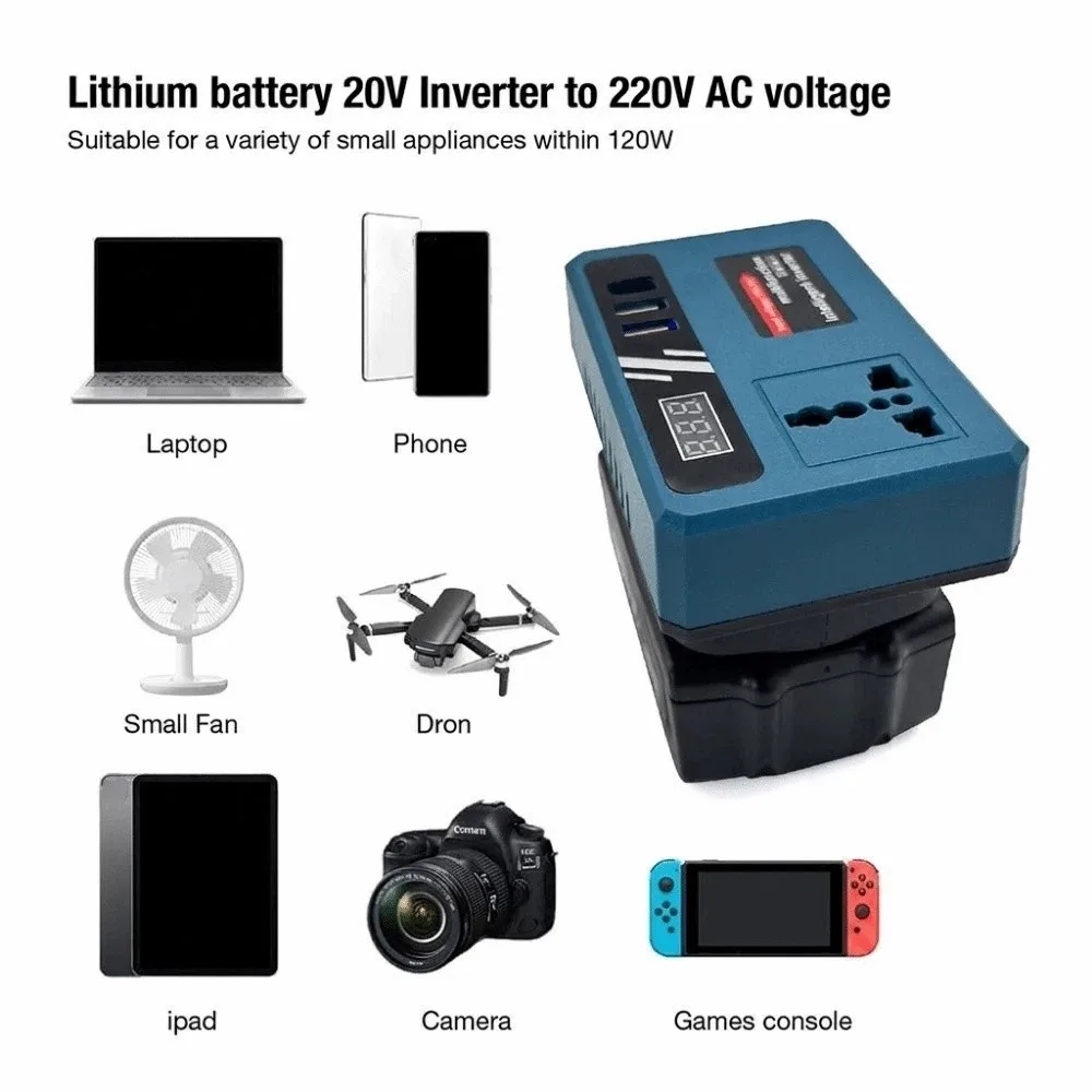 DC 18V-21V to AC 220V Lithium Battery Inverter DC 18V-21V Input Dual USB Interface 120W Power Inverter High Efficiency