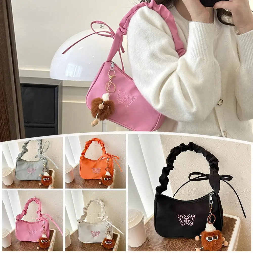 Lovely Embroidered Bowknot Butterfly Shoulder Bag Women Pleated Nylon Handbag Oxford Tote Half-moon Bag Underarm Bag Fashio V0C4