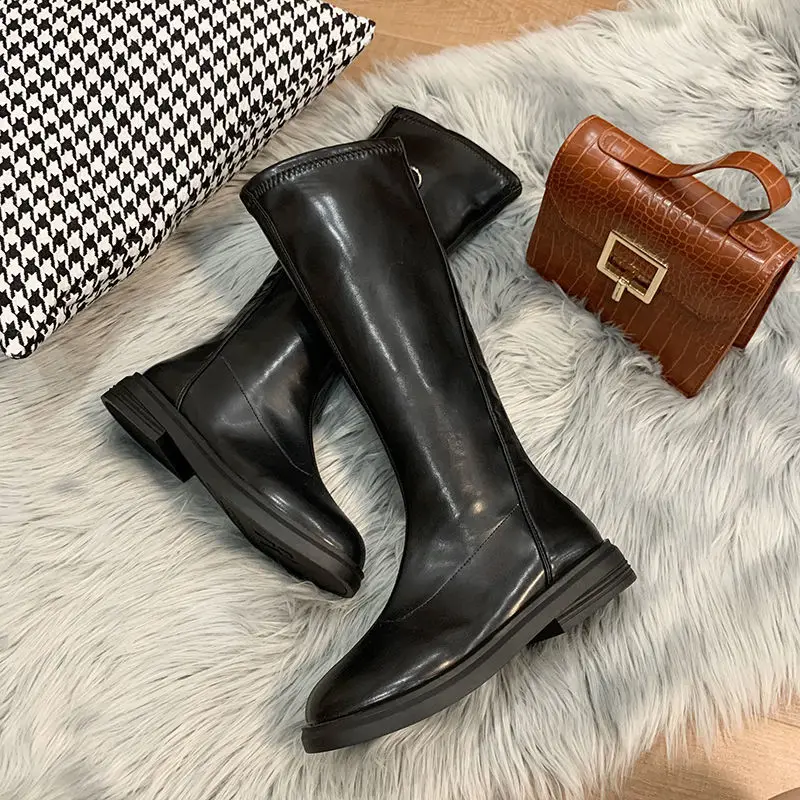 Round Toe Women\'s Boots Long Biker Black Shoes for Woman Winter Knee High Shaft Elegant with Low Heels Goth 2024 New in Footwear