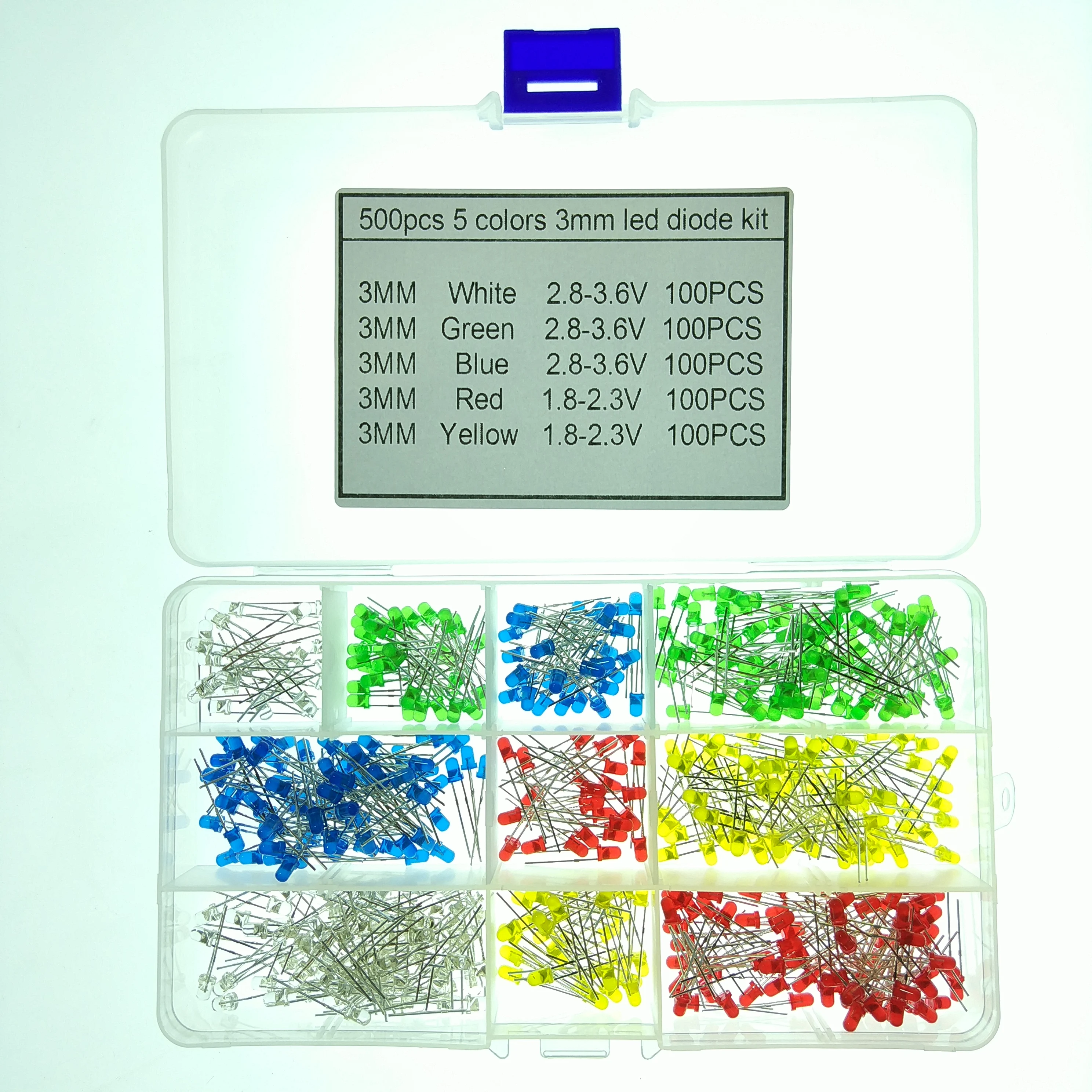 500 Pcs In-Line Led Light Emitting Diode 3Mm Blauw Rood Groen Ronde Kop Korte Pin Lamp Kralen f3 Lamp Monster Doos