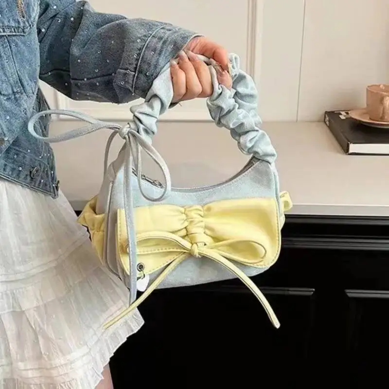 Bloom Sweet Cool Denim Shoulder Bags Women Haruku Bow Chic Cute Y2k Handbag Purse Ladies Casual Blue Underarm Bag Aesthetic
