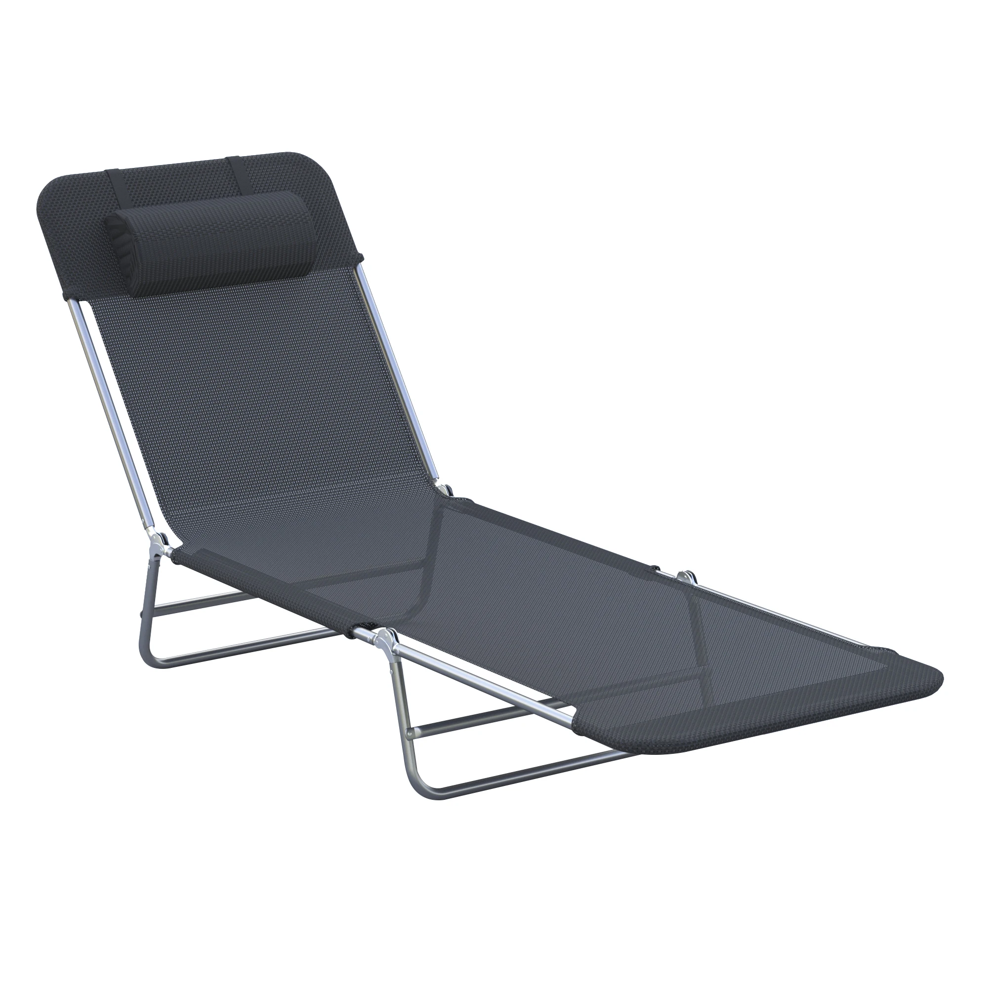 Silla Tumbona Plegable Portátil Negra con Respaldo de Malla, 6 Niveles Ajustables, Reclinable, para Patio, Playa y Exteriores