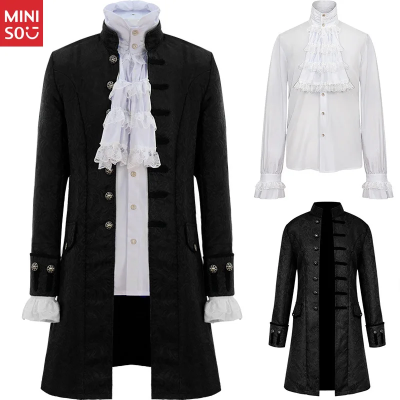 

Miniso New Steampunk Retro Men's Trench Coat, Solid Color Stand Collar Uniform Style Military Overcoat