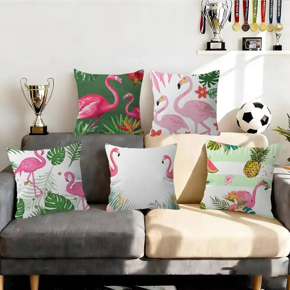 Summer-Themed Flamingo  Tropical Leaf  Decorative Pillowcase Square Pillowcase Home Office Decorative Cushion Cover