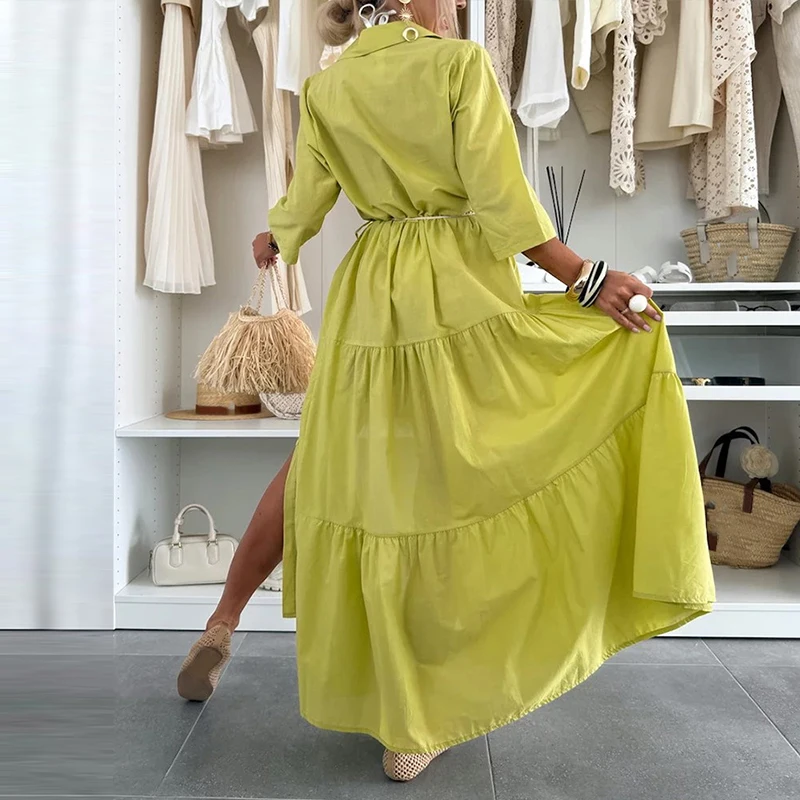 العصرية بسيطة بلون مساء اللباس سيدة الصيف جديد واحدة الصدر التعادل يصل فستان محكم من عند الصدر ويتدلى بشكل واسع الترفيه نصف كم التلبيب قميص اللباس