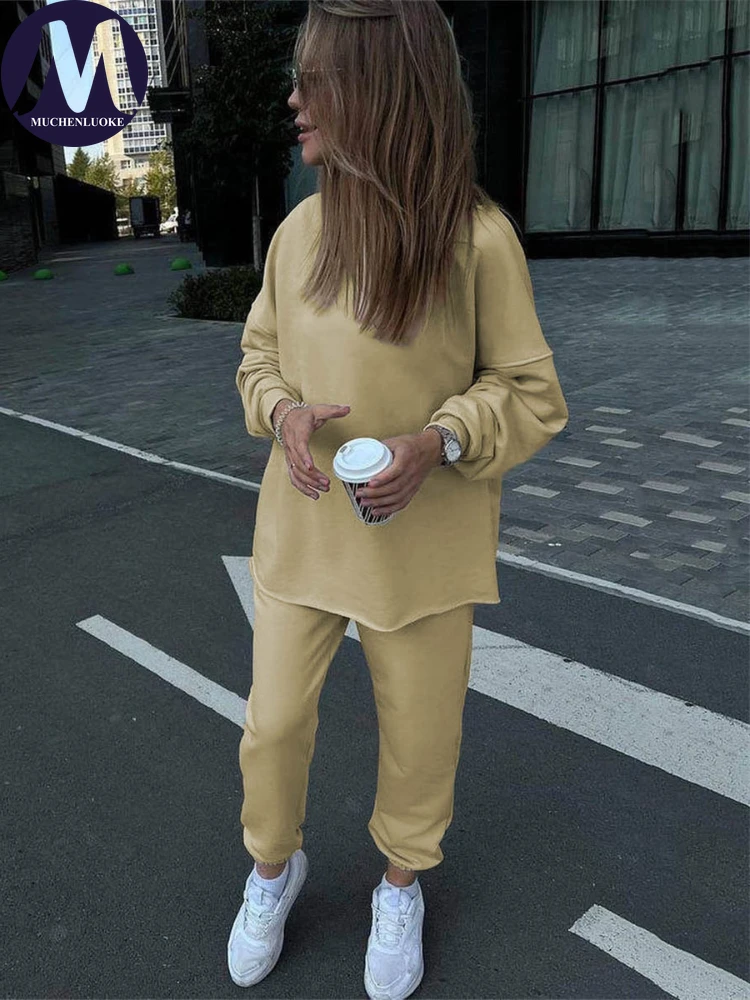 Elegant 2-Piece Sets for Women Long Sleeve Hoodie O Neck Tops Casual Sports Pant, Loose Suits, Spring, Autumn, New Fashion, 2024