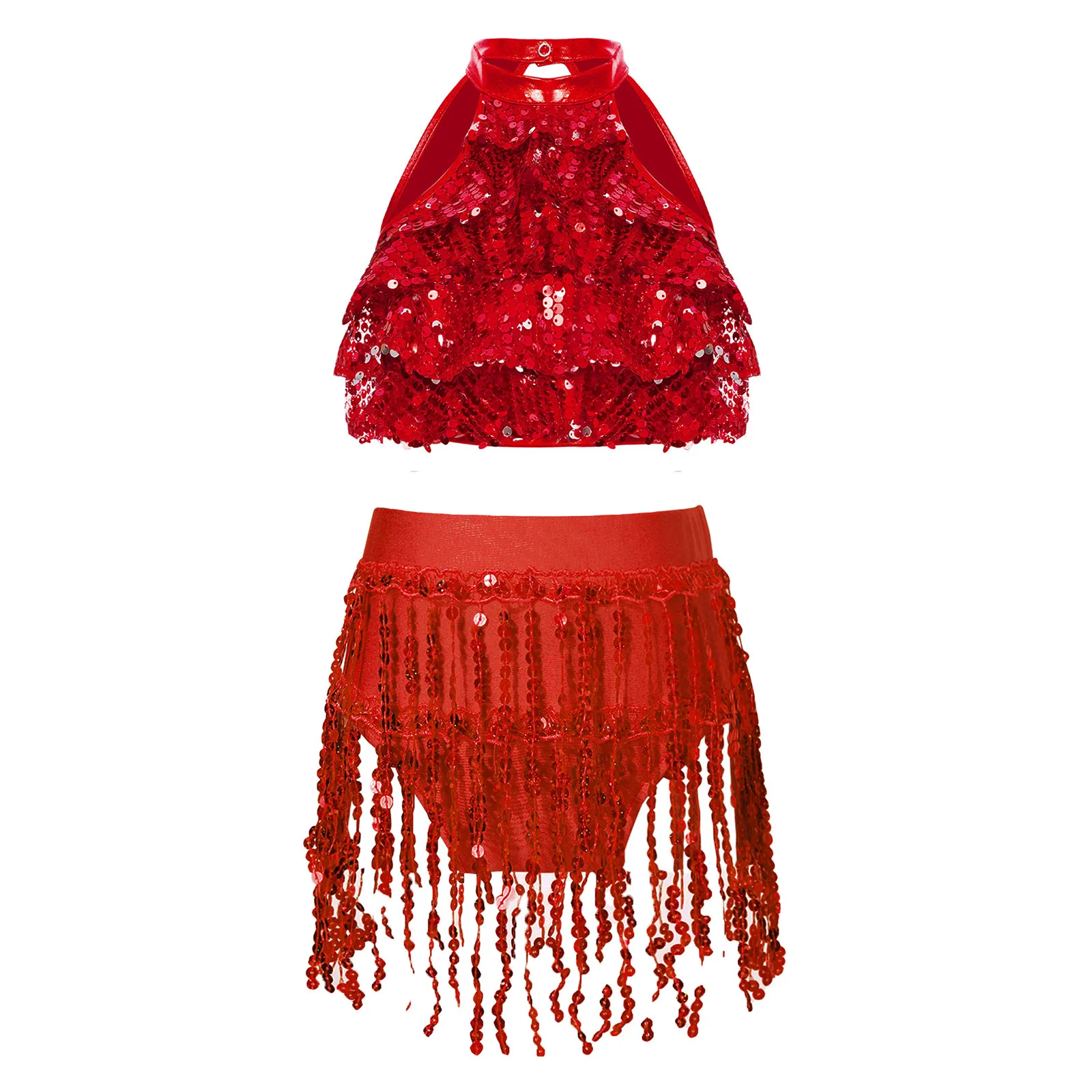 

Kids Girls Latin Dance Sets Sleeveless Sequins Crop Top with Elastic Waistband Sequin Tassel Briefs Performance Competition