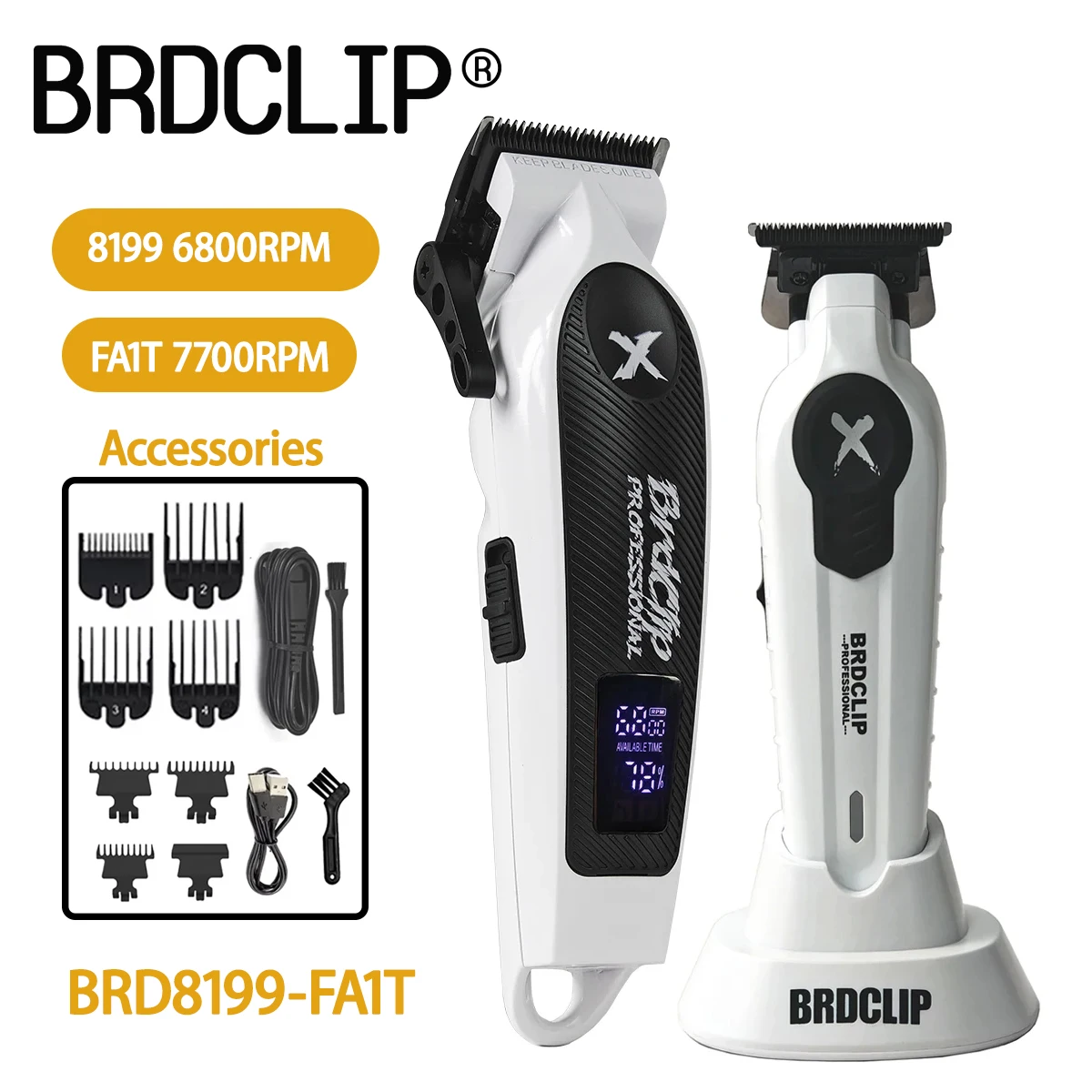 

Профессиональные BRDCLIP цельнометаллический корпус 8199 6800 об/мин машинки для стрижки волос белые FA1T 7700 об/мин лезвие парикмахерский электрический триммер светодиодный дисплей