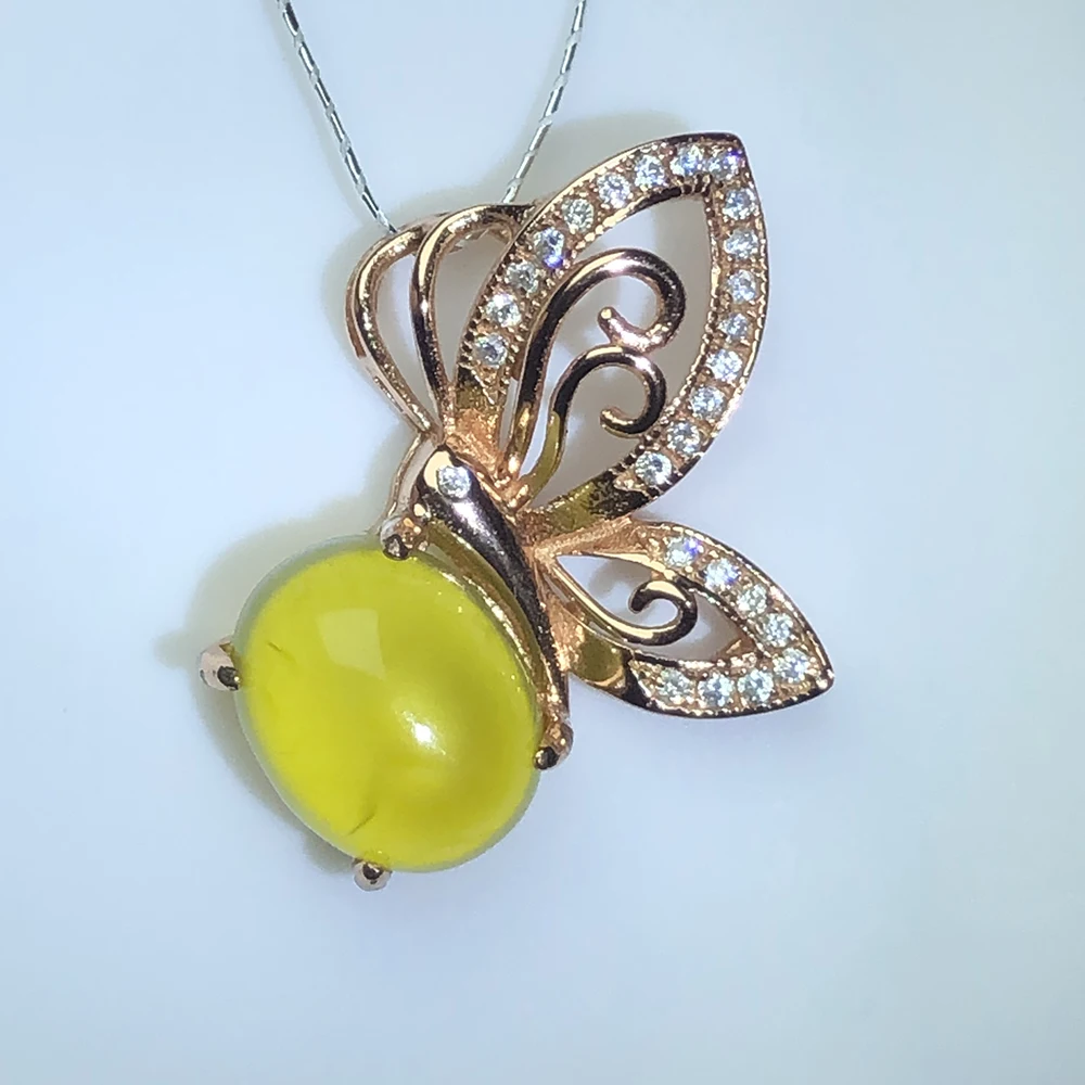 

Natural prehnite silver pendant, oval 8mm*10mm, yellow and light color, romantic gift for girls, beautiful butterfly