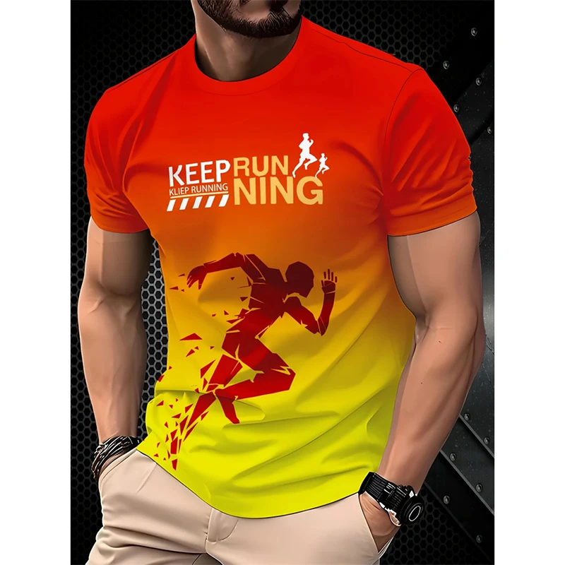 

Fashion Gradient Print Men's T Shirt Outdoor Run Fitness Sport Short Sleeve Casual O-neck Breathable Tops Summer Gym T-shirt Man