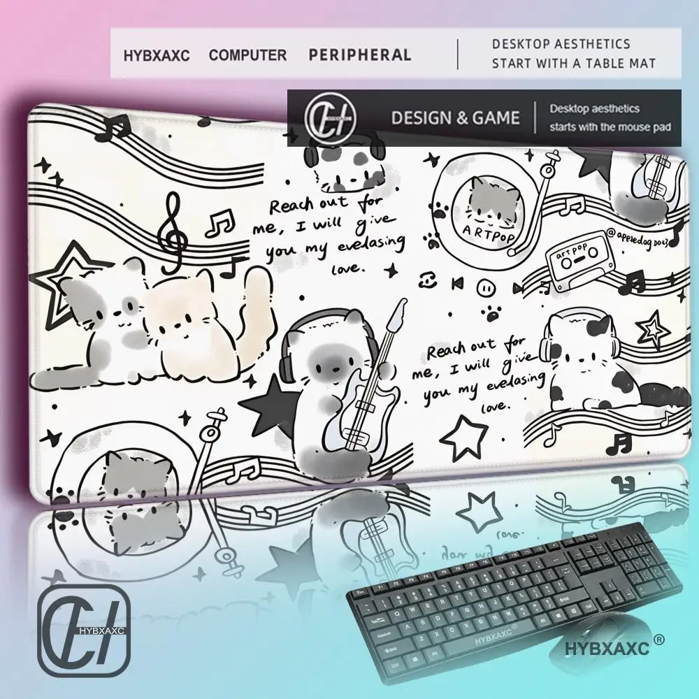 

HYBXAXC Oversized Kawaii Music Cats Desk Mat, Cute Doodle Musical Mouse Pad, Large Non-Slip Keyboard Pad for Gaming