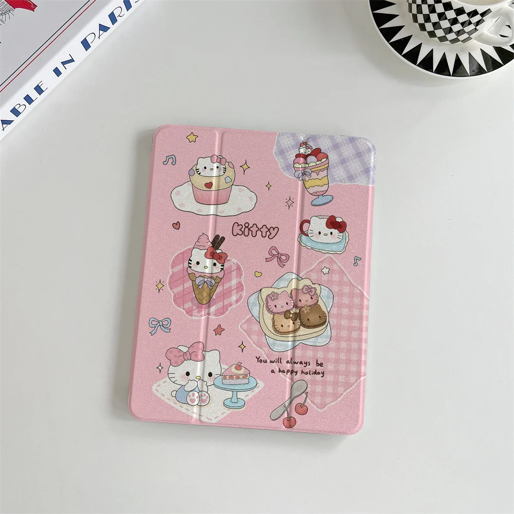 Cute Pink Hello Kitty Dessert Print iPad Case Tri-fold Stand Cover For 2024 iPad 11 Inch A16 Air 5 Air4 iPad 10 10.9 9.7 Inch