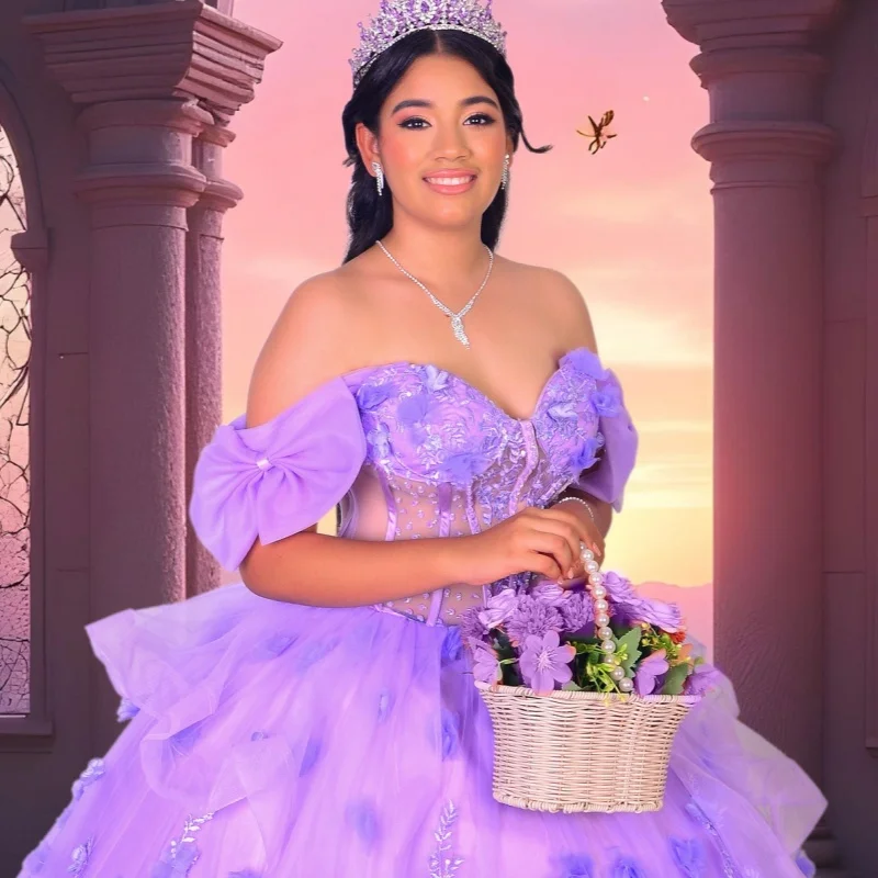 Vestidos de quinceañera morados personalizados con hombros descubiertos, calcomanía brillante, cola larga, Vestido de flores 3D, 15 quinceañera