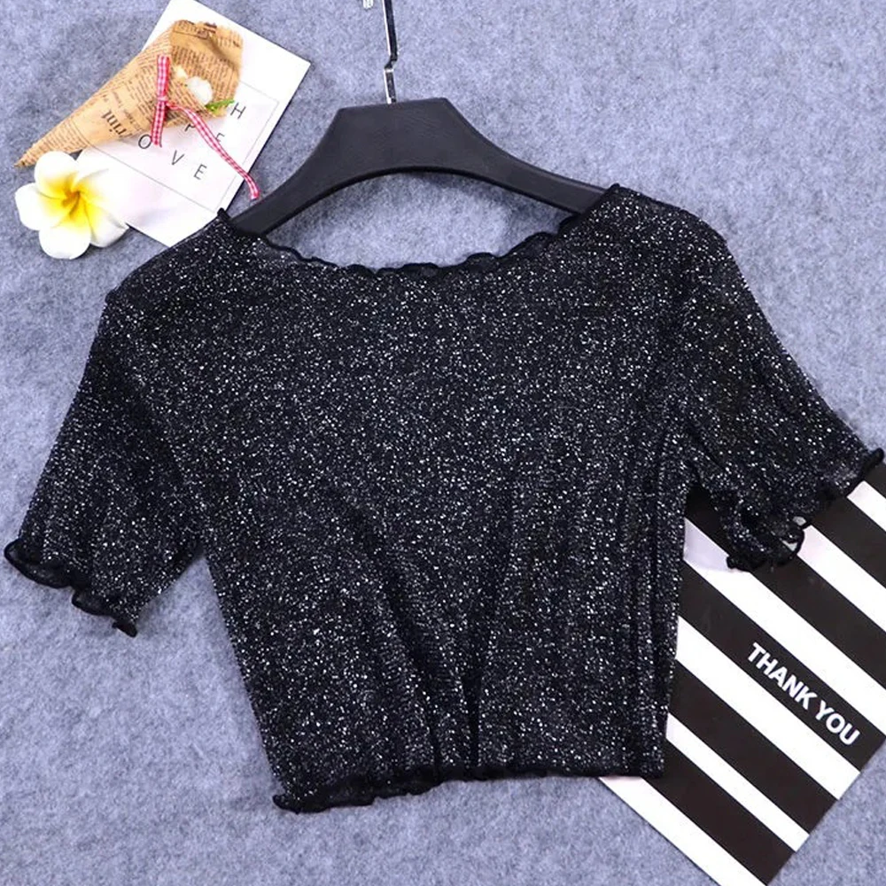 

Sweet Mini Short Crop T Shirt Women See Through Silver Shiny Elastic Shirts Girls Short Sleeve O Neck T-shirt Top Female Blouses