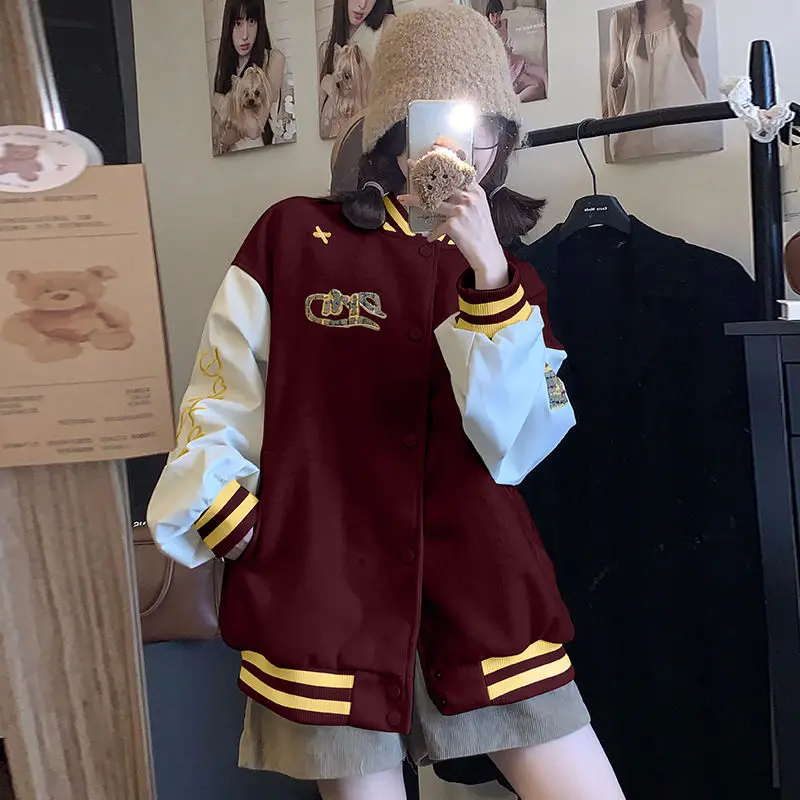 

Baseball Jackets For Teenage Girls Womens Commuter Fur-Collar Casual Field Shiny Hollow Bomber Jacquard Decorative Plush Buttons