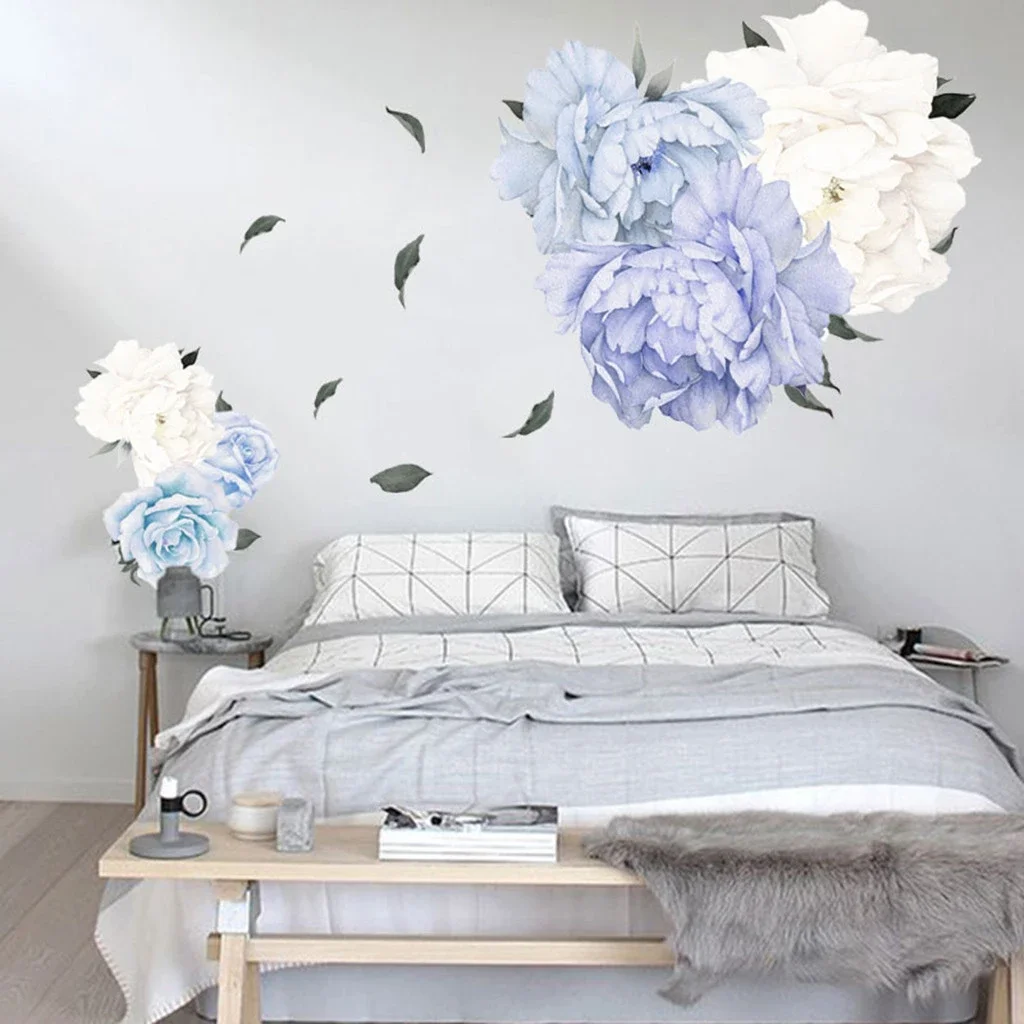 Peony Rose Flowers Wall Sticker White Blue Art Nursery Decals Kids Room Home Decor Gift muurstickers voor kinderen kamers decals