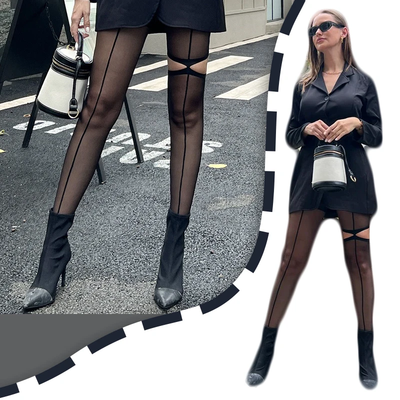 Asymmetric Black Ultra-thin Hollow Pantyhose M-XXL Women's Gothic Sexy Thigh Vertical Lines Tights Stockings Fashionable Items