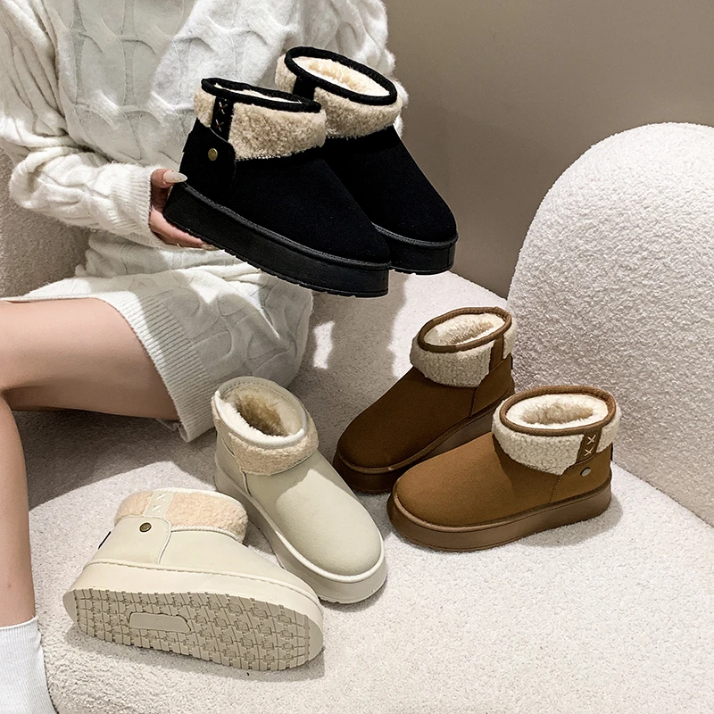 Botas de nieve de invierno para mujer, forro de piel sintética, puño de felpa, suela de plataforma, hebilla, correa, antideslizante, marrón, zapatos cálidos y cómodos