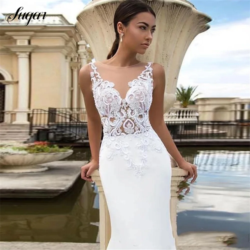 Elegant Mermaid Wedding Dresses 2023 Sheer O-Neck Sleeveless Lace Appliques Sweep Train Chiffon Bridal Gown With Button Back