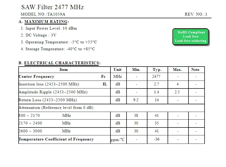 (10PCS) TA1059A code HJ brand new genuine 2477MHz packaged SMD SAW filter in stock