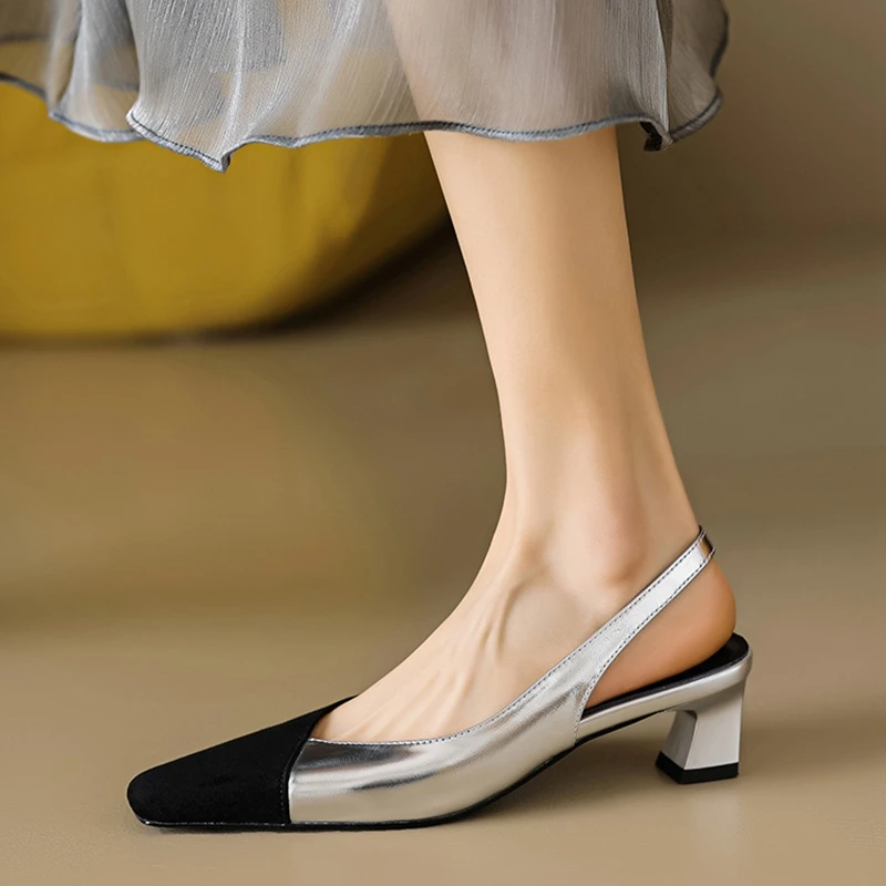 

Women Square Toe Sandals Black Toe Patchwork Pumps Gold Sliver Slingbacks High Heels 2023 Summer Mid Heels Female Dress Shoes