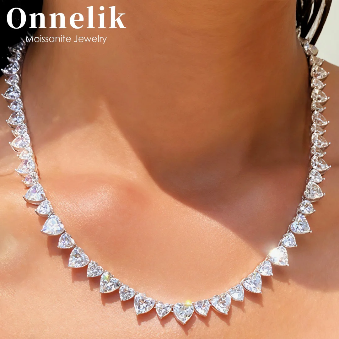 

Onnelik Heart Cut Moissanite Tennis Necklace S925 Sterling Silver for Women Wedding Birthday Party Necklaces Jewelry Gifts