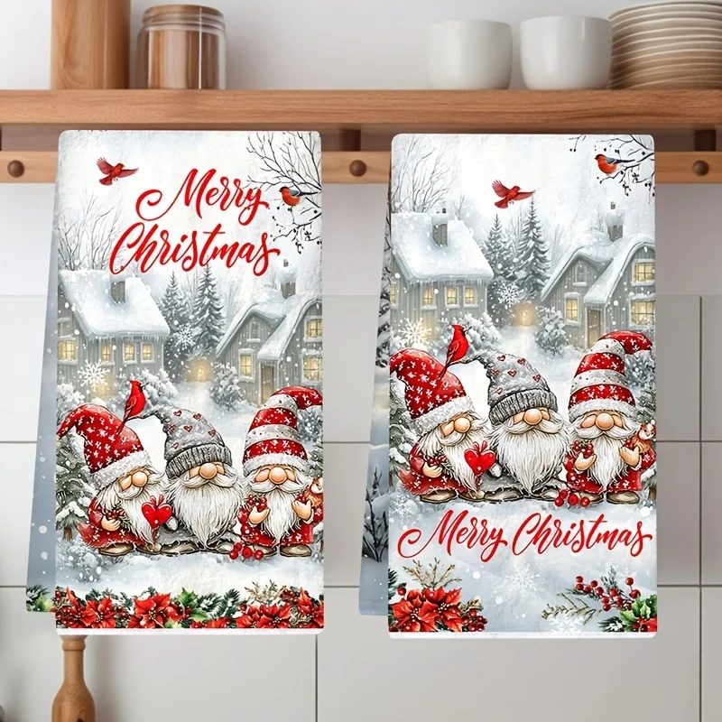 2 Christmas dwarf kitchen towels, igloo and frangipani floral design dish towels, polyester hand towels