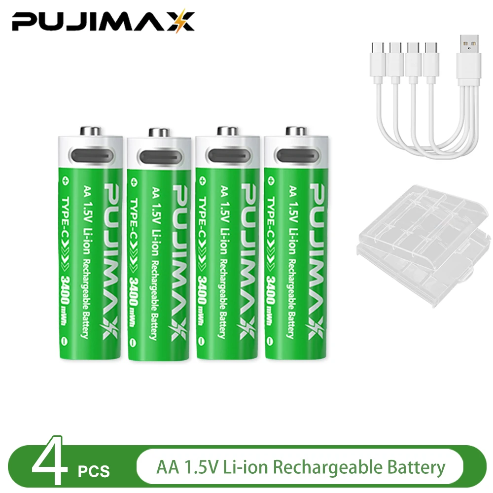 PUJIMAX 1,5 V AA en AAA oplaadbare lithiumbatterij 3400 mWh/1100 mWh, Type-C-poort Opladen worden hergebruikt 1500 keer voor wekkers