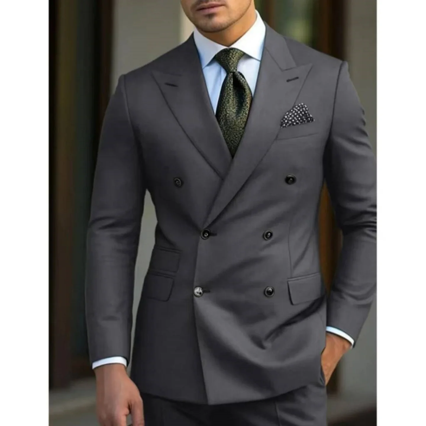 

Luxury Grey Pinstripe Men's Double Breasted Suit Formal Business Wedding Office Modest Blazer Trousers Groom Wear Customized