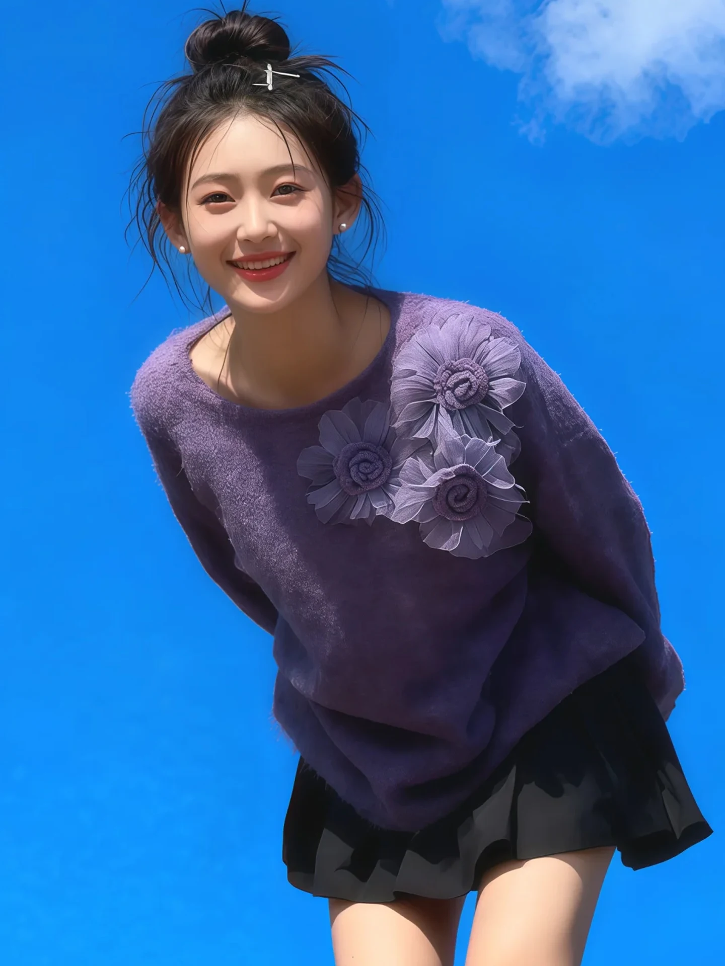 Lockerer Damen-Strickpullover, lila Blumen-Design, Winter-Fee, lässig, bequem, einzigartig, schönes Strickoberteil