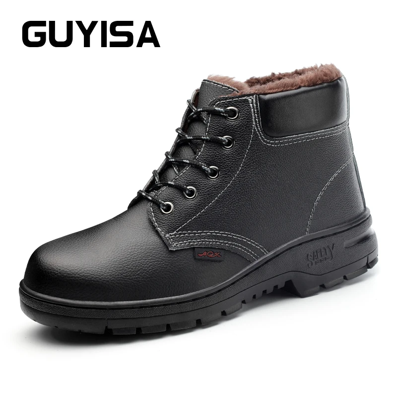 GUYISA Winter Shoes Safety Boots For Work Black Cowhide Shoes Non-Slip Warm lining Anti smashing-Anti preventSize 36-46