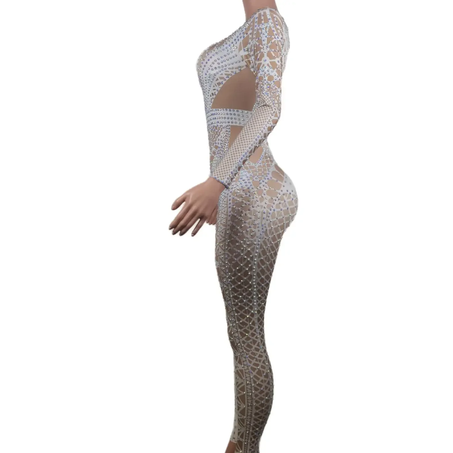 Sexy White Glitter Jumpsuit Women Rhinestone Costume Fashion Lady One Piece Nightclub Party Wear Dance Singer Stage Show Outfit